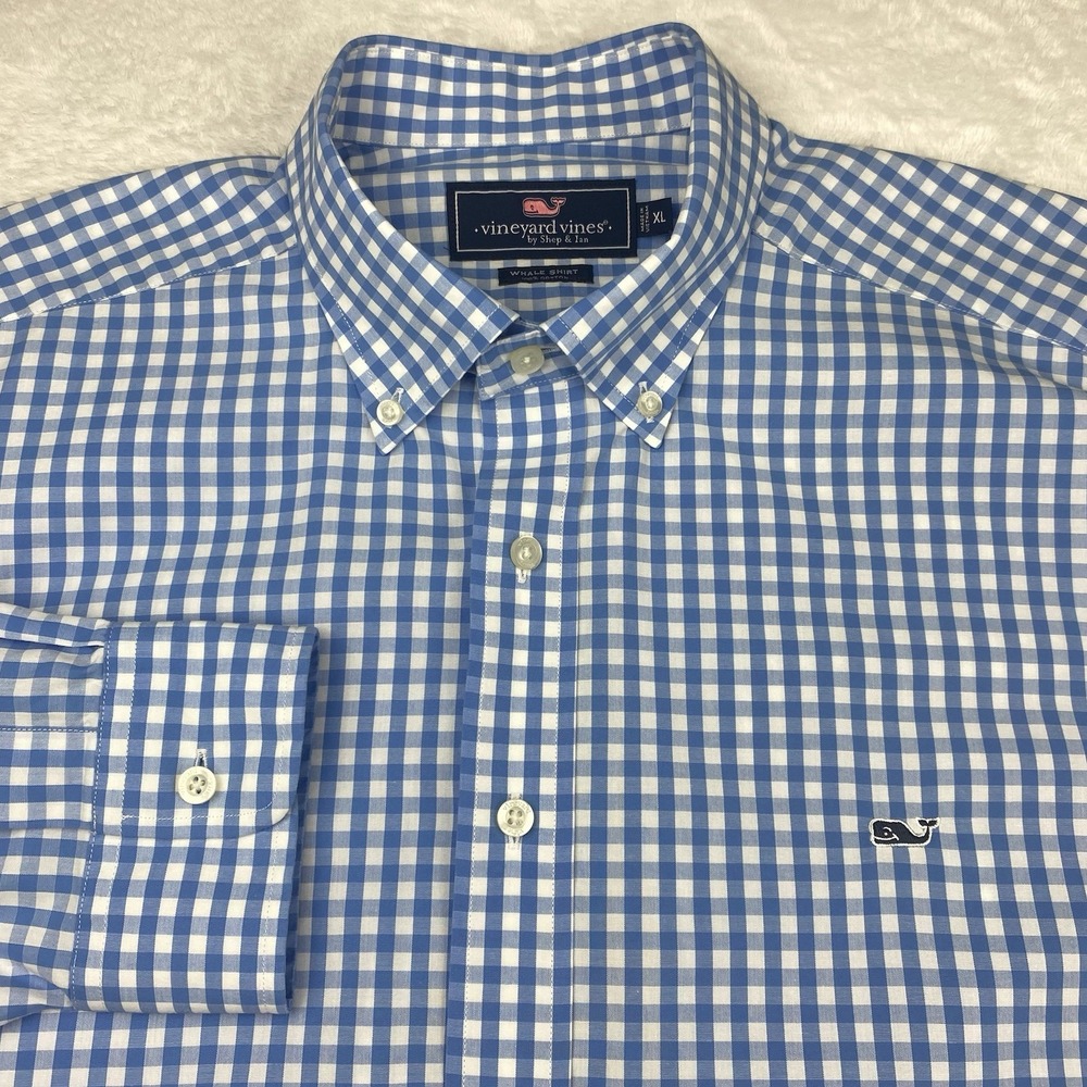 Vineyard Vines Whale Shirt Mens XL Blue/White Checks 100% Cotton Long Sleeves